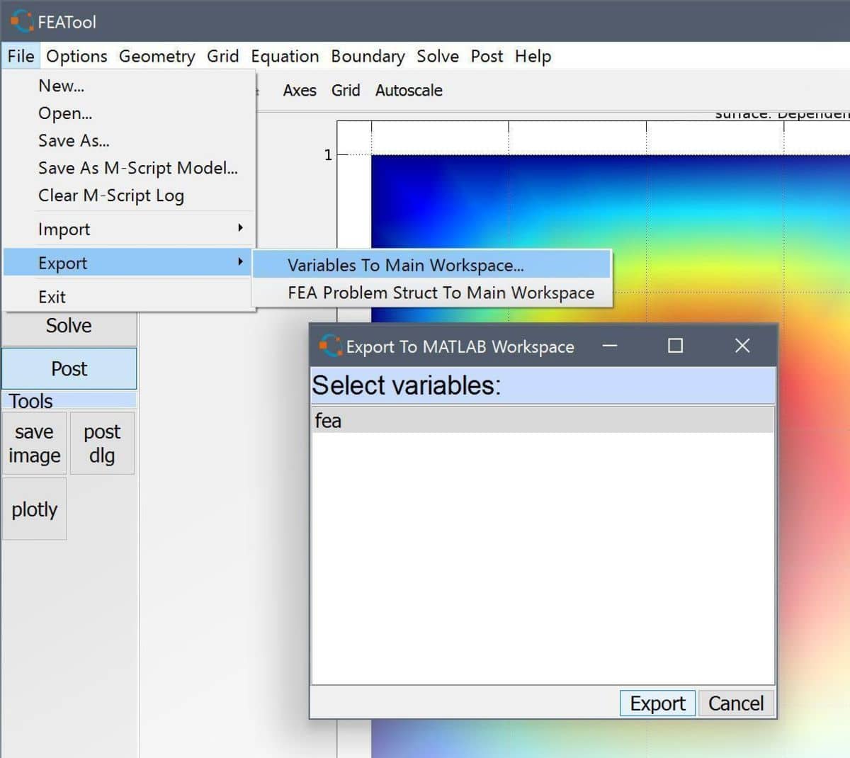 FEATool Multiphysics GUI and MATLAB workspace import and export