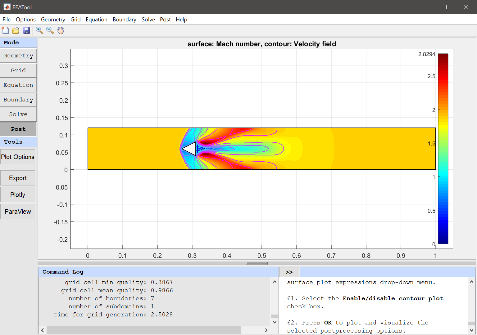 
  FEATool Multiphysics Tutorial - Supersonic Turbulent Flow Past a Prism
