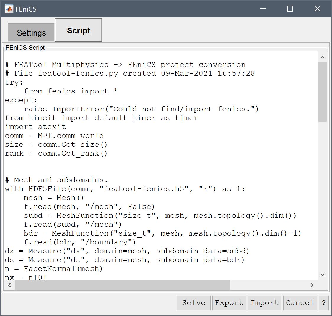 Python multiphysics simulation script converted by the FEATool-FEniCS solver GUI & interface