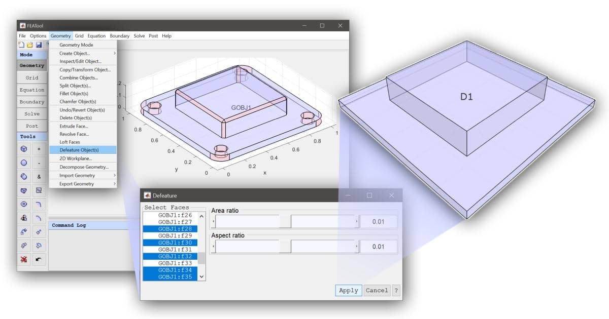 Geometry defeaturing in FEATool Multiphysics