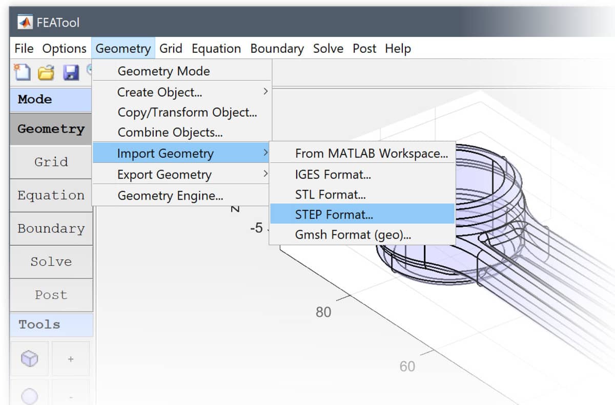 FEATool Multiphysics - Geometry and CAD Import Menu Options